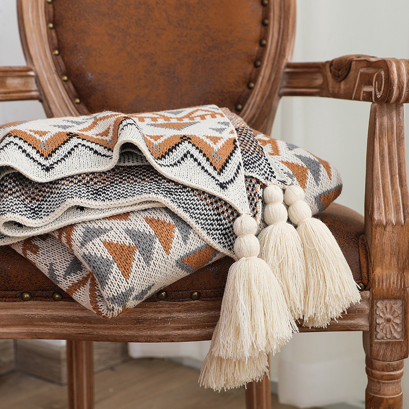 Boho вязать бросить одеяло с геометрическим ромбовидным узором и кисточками